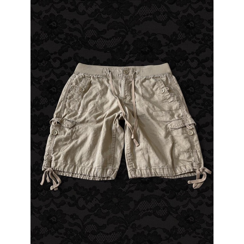 Faded Glory Khaki Cargo Shorts Womens 8 Tan Ribbed Waist Drawstring Utility Tie